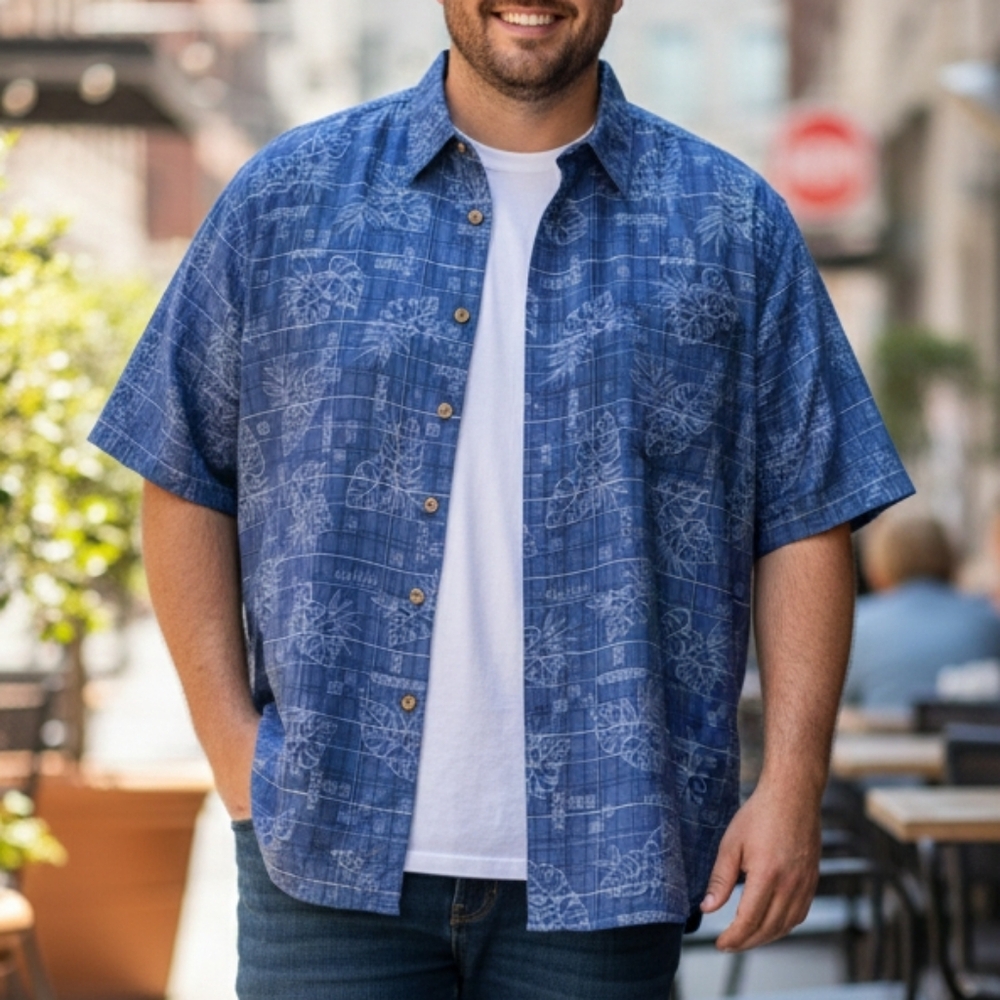 Merona Men's Blue Leaf Print Collared Short Sleeve Button Down Shirt Size XL